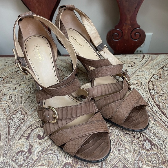 Coach Fawn Light Brown Snakeskin Embossed Leather Strappy Heels Open Toe Size 11 - Picture 3 of 10